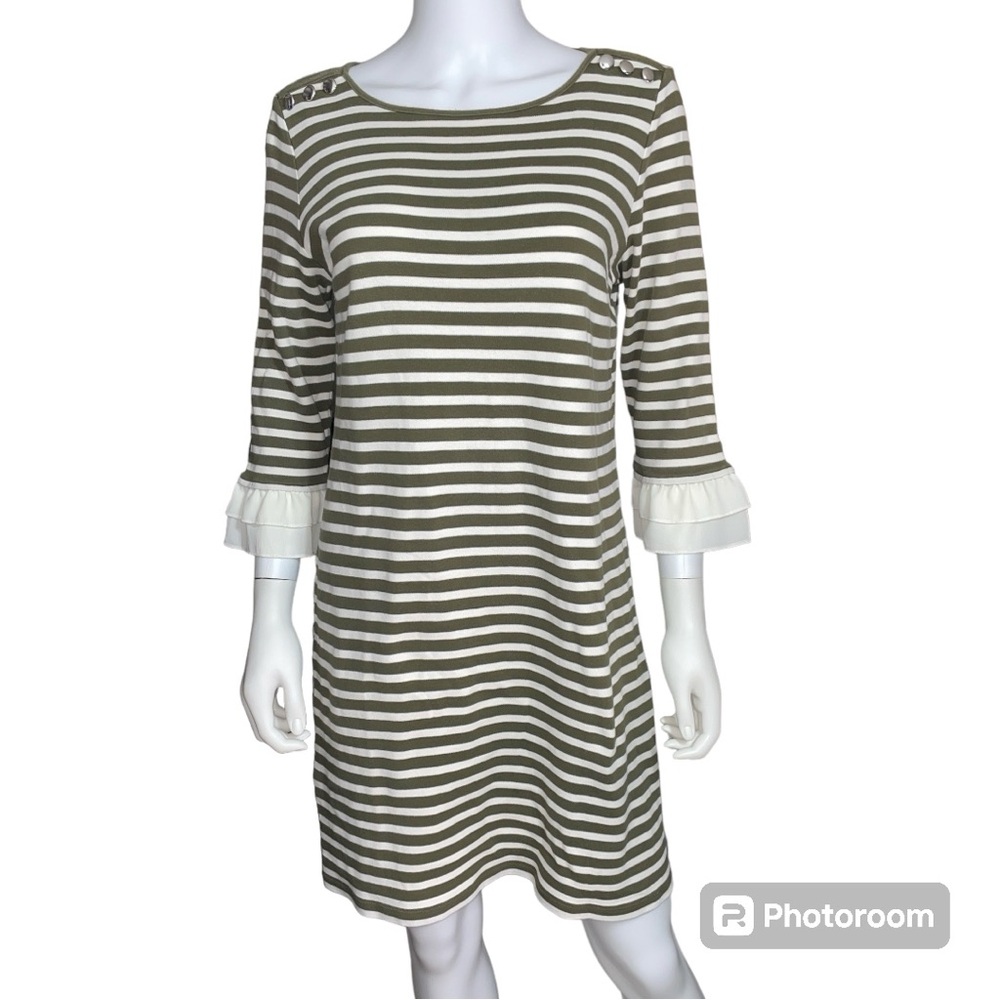 Talbots Cotton Olive Green & Cream Striped 3/4 Bell Sleeve Dress Women's Size LP